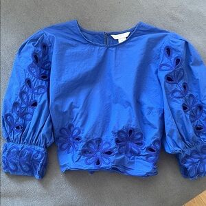 Blue eyelet embroidery crop top with puffy sleeves